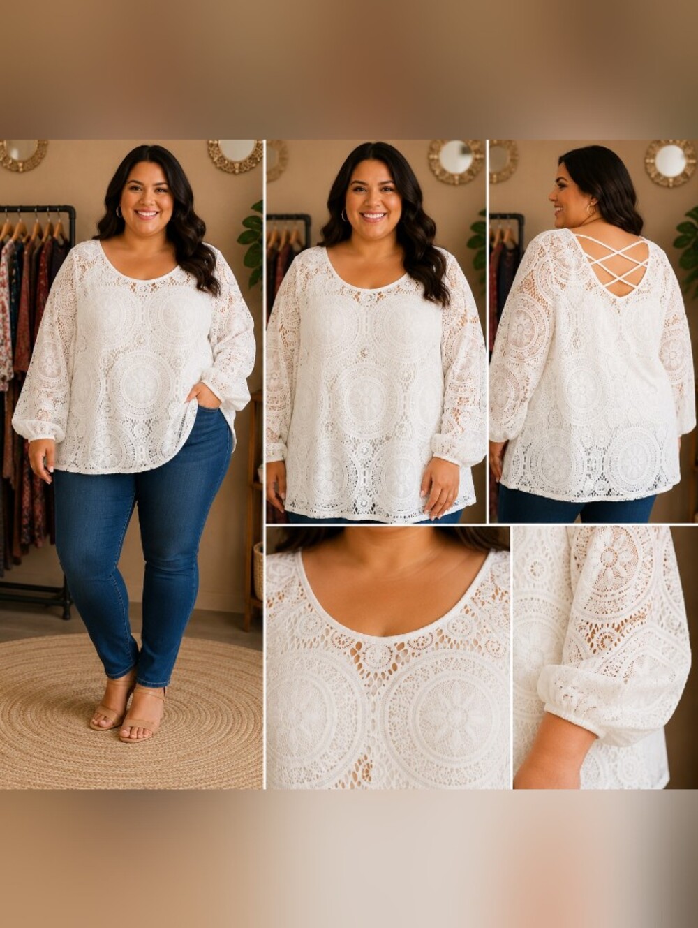 Women's White Lace Crochet Tunic Top - Brand